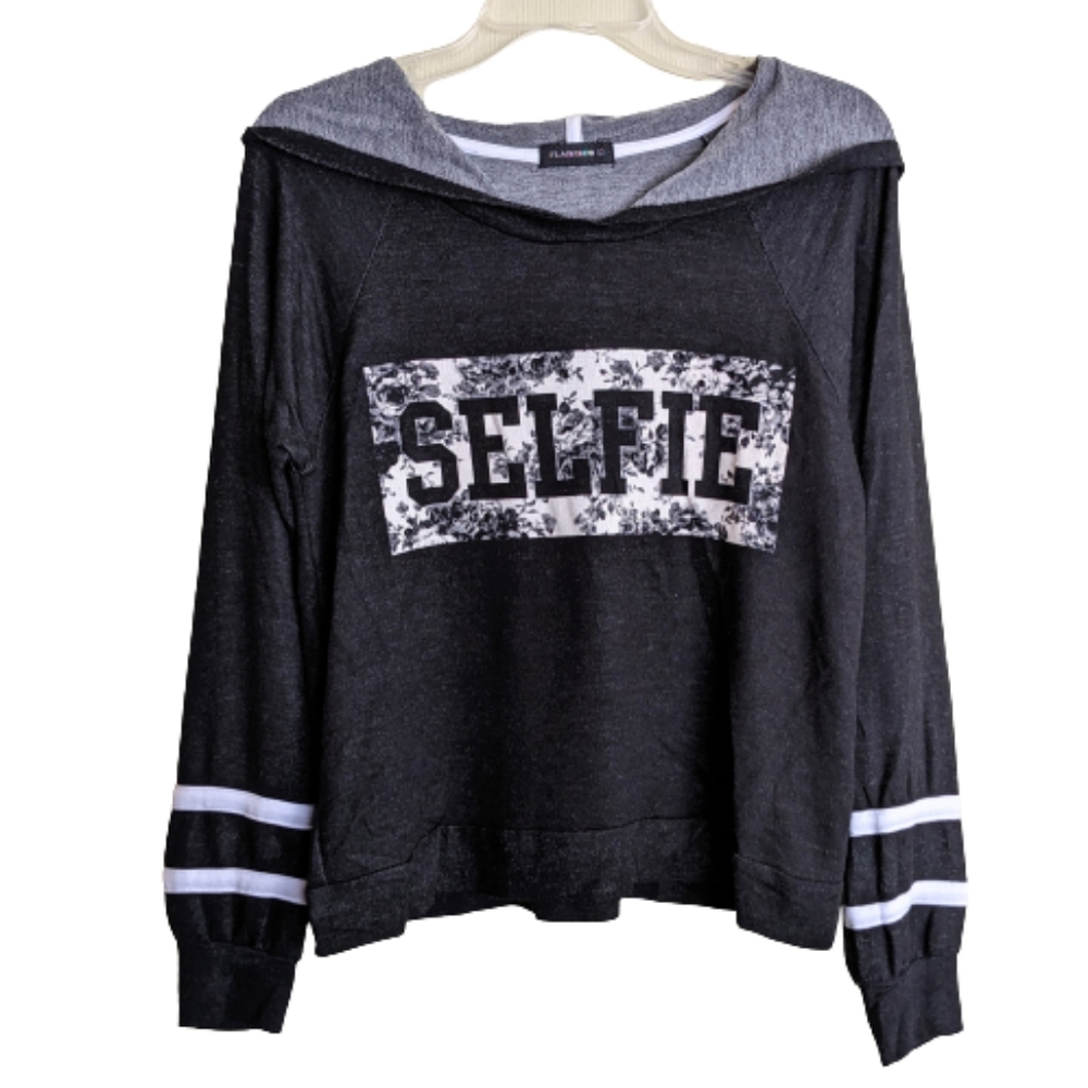 Flashmob Y2K Sweatshirt Hoodie Black Floral Graphic Print "SELFIE" Large